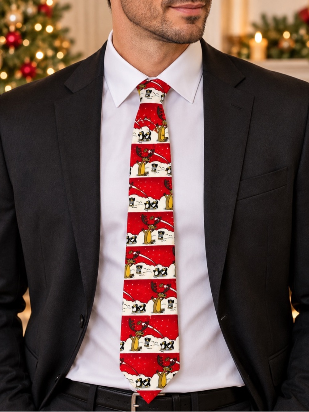 Holiday Red Reindeer & Penguin Tie by